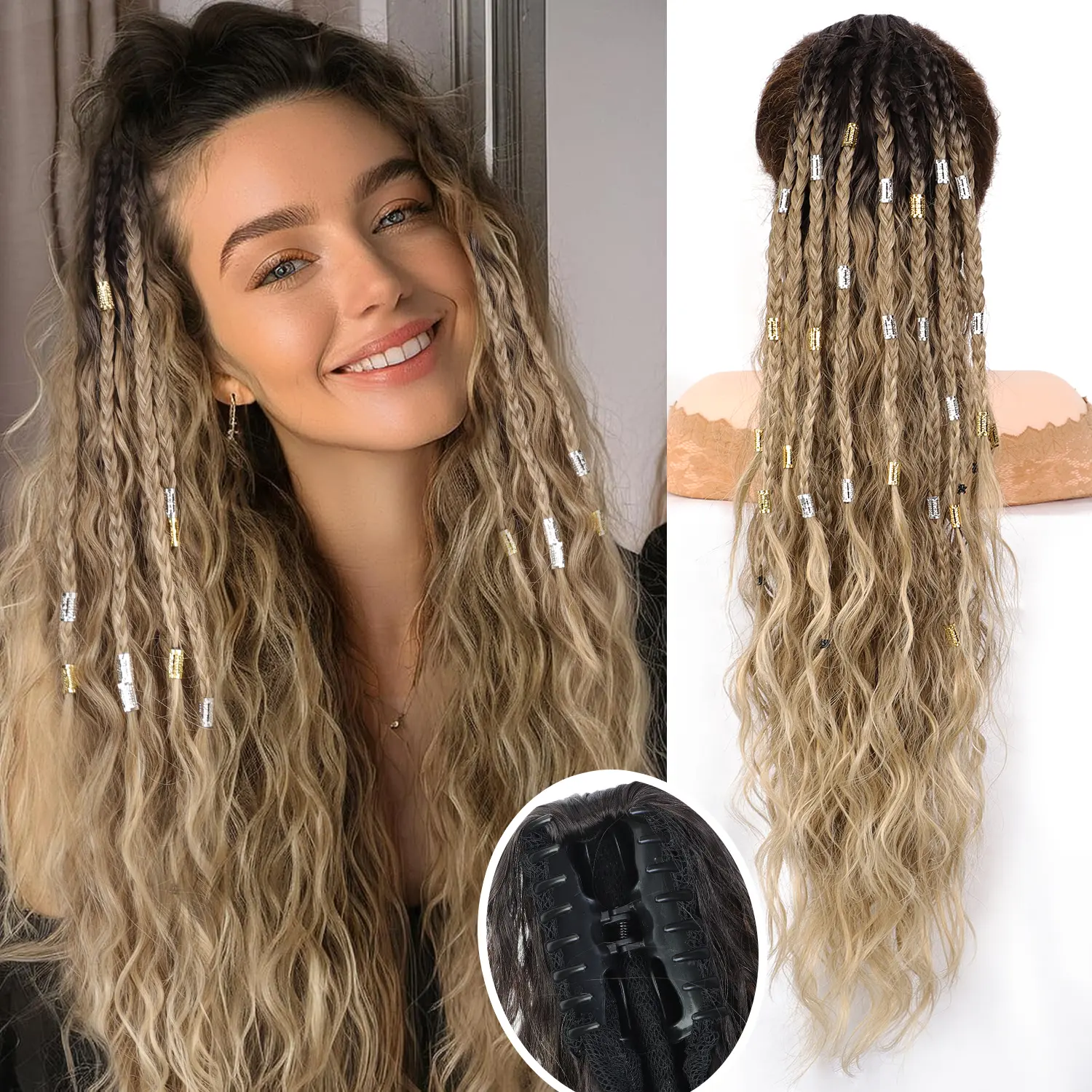 Women's 30-Inch Braided Ponytail Extension, Synthetic Curly Wavy Claw Clip-In Hairpiece, Blonde Ombre Natural Look, Synthetic Extensions & Pieces for Ponytail Hairstyles with Claw Clips, Ombre Hair, Secure, Handmade Braid, Hair Extension