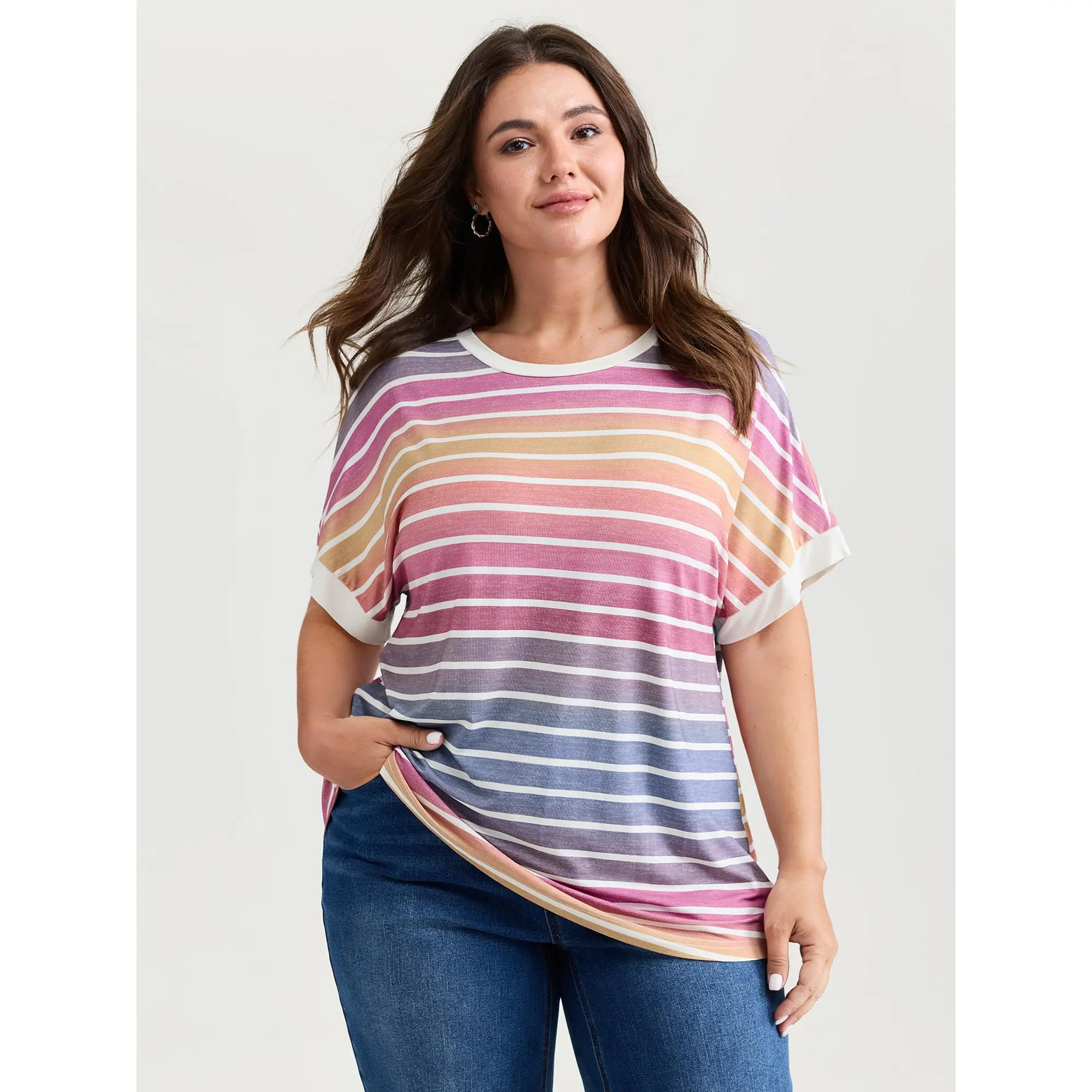 BLOOMCHIC Women's Plus-Size Short-Sleeve Round Neck T-Shirt - Spandex Fabric, Multicolor Gradient Stripe, Flattering Fit Women's Clothes for 2026 Summerfinds Top Womenswear,summeroutfits,vacationoutfits,beachoutfits,back to school,back to school shopping