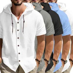Men's Casual Hooded Long-Sleeved Shirt - Menswear Tops, Regular Fit, Adjustable Drawstring Brim, Button Detail, Non-Elastic Fabric, Suitable for Daily Wear, Spring & Autumn Outdoor Hiking,summervibes Plain Tropical