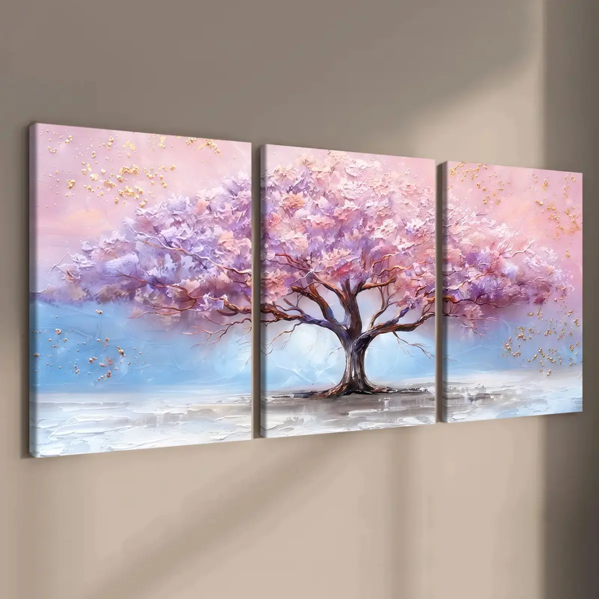 3-count wooden frame canvas, dreamy gold leaf cherry blossom tree art poster, colorful life tree poster, exquisite plant art decoration, family poster, modern living room decoration art, Botanical prints, suitable for corridor, bedroom walls