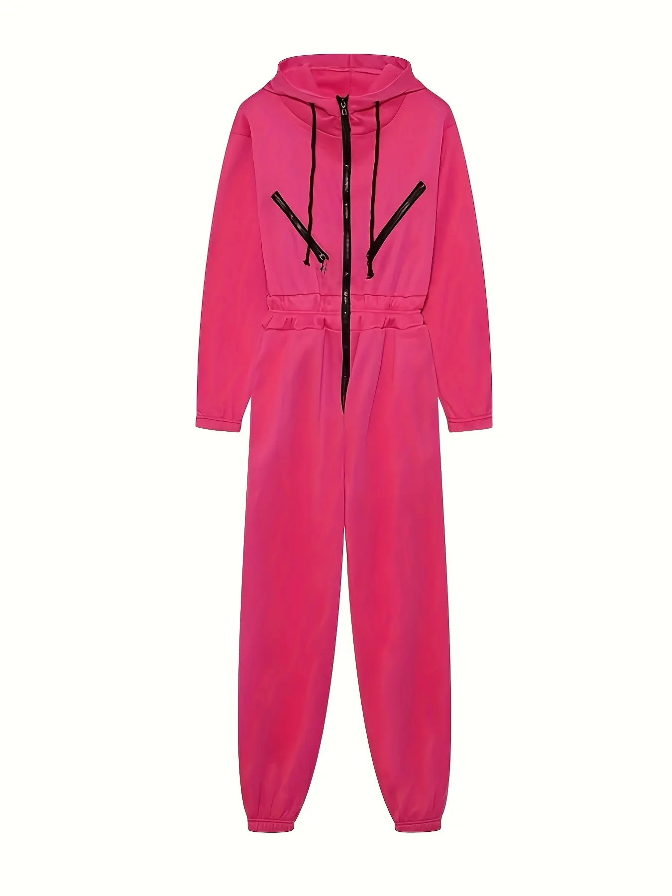 Women's Casual Hooded Jumpsuit, Solid Long Sleeve Polyester Spandex Loungewear with an Elastic Cinched Waist and Front Zipper