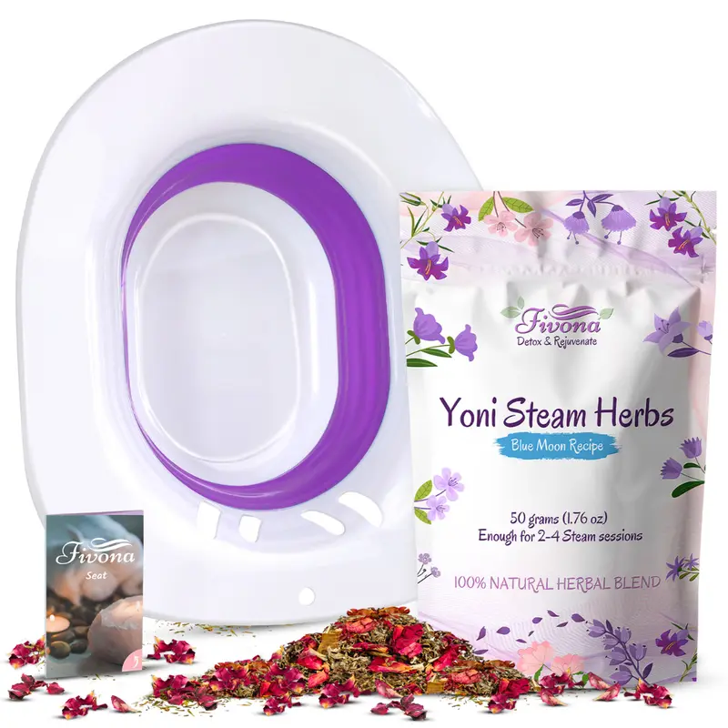 Fivona Women's 2-in-1 Yoni Steam Set for Adults - Gentle Herbal Blend Cleansing Blue Moon Recipe Steaming Herbs, Expandable Universal Fit V-Steam Seat, Multi-Pack Pouch, Soothing Lavender Wormwood Aromatherapy