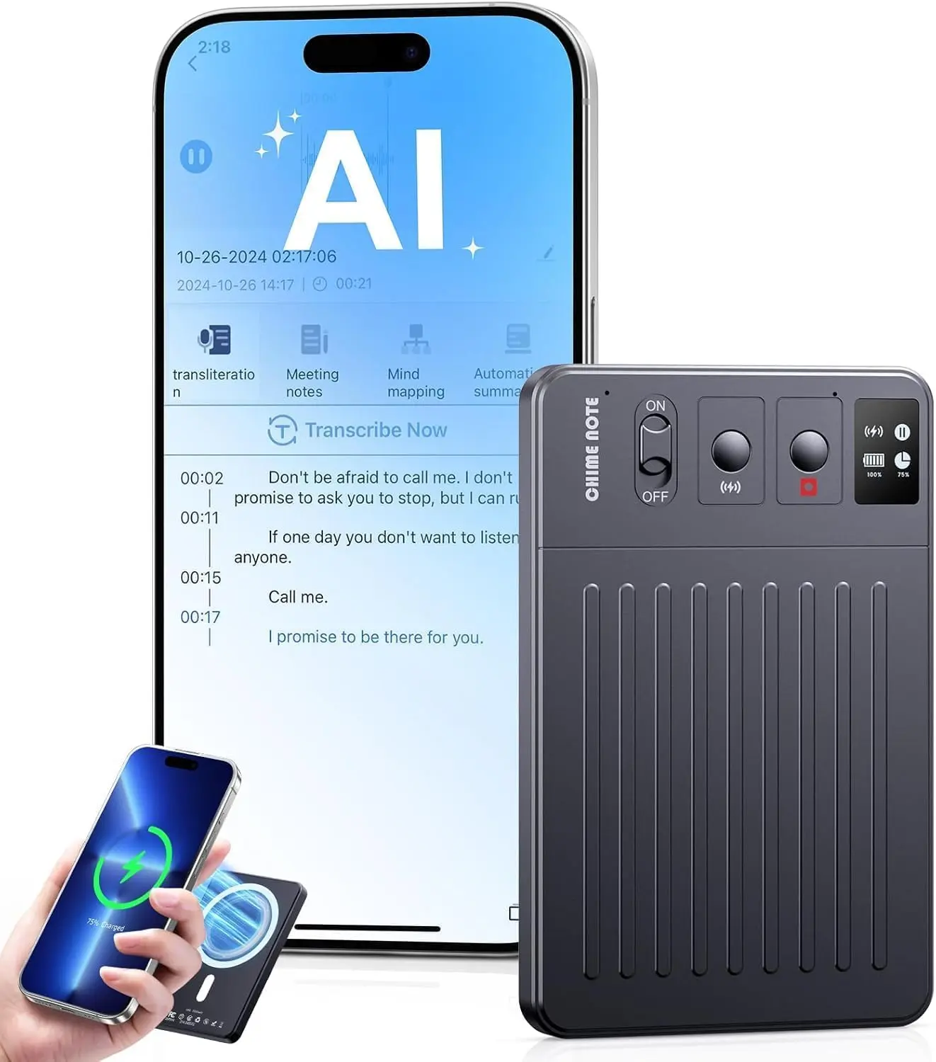 Portable AI Voice Recorder with AI Noise Cancellation, App Control, ChatGPT-Powered Transcription, Summarization, 121 Languages Real-Time Translation, 64GB Memory, Wireless Charging, USB Port, Box Packaged for Business Lectures, Meetings