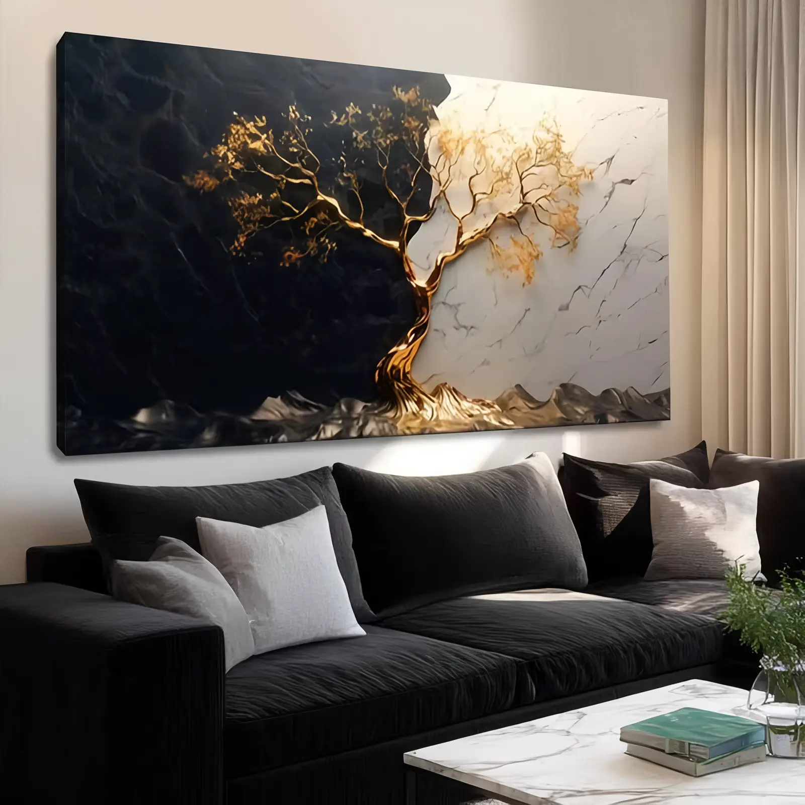 30x60 inch abstract golden tree canvas wall painting - black and white gold marble texture painting with pine wood frame, modern black and gold marble tree branches, suitable for living room, home decoration