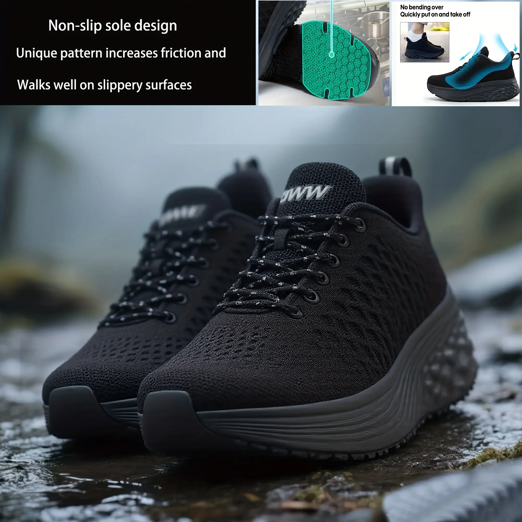 Knit Mesh Lace-Up Walking Shoes with Arch Support and Removable Memory Foam Insole - Lightweight, Oil-Resistant Non-Slip Trainers for Work, Women's, Kitchen Service, Walking Everyday Shoe, Fabric, Non Slip Shoes