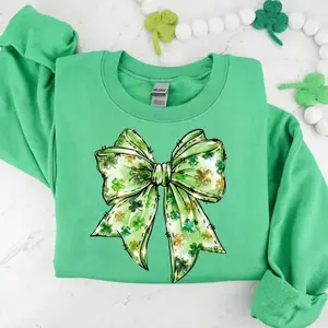[Sale off up to 50%] Coquette St. Patrick's Day Bow Sweatshirt, Lucky Charm Tee, Vintage St. Patty's shirt, Coquette Bow Tee, St Patrick's Coquette Bow Shirt, streetwear graphic tee