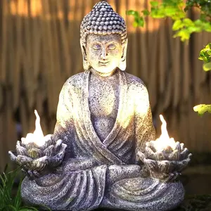 Outdoor Garden Buddha Statue (LED Lotus Lights) - Boho Patio Decor | Weatherproof UV Resistant for Backyard/Lawn Night Ambience