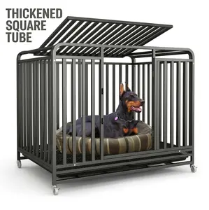 Heavy Duty Dog Crate, Indestructible Dog Safe Cage for Large Dogs with 360° Wheels & Double Doors, Escape Proof Metal Dog Kennel with Detachable Tray for Indoor Outdoor, Thickened Square Tube