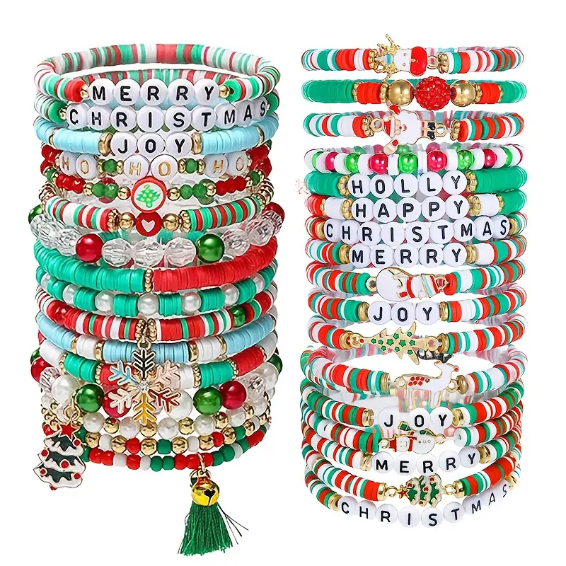 Mixed Charm Elements Bracelets & Bangles Set - 12/18pcs Christmas Themed Stretch Beads Bracelets with Santa, Snowman, Tree Charms - Festive Polymer Clay Party Jewelry for Holiday Celebrations, 18Pcs Mix, Cute Party Jewelry