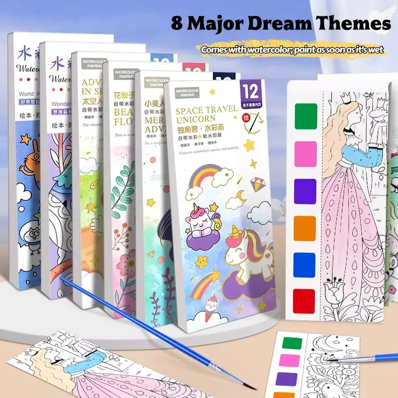Children's 8-Piece Reusable Water-Based Coloring Book - Sticky Note Doodle Notebook, Dream-Themed Kindergarten Gouache Book with Water-Activated Magic Colors for Children Aged 3-10, No Battery Needed, Ideal for Learning & Personal Use