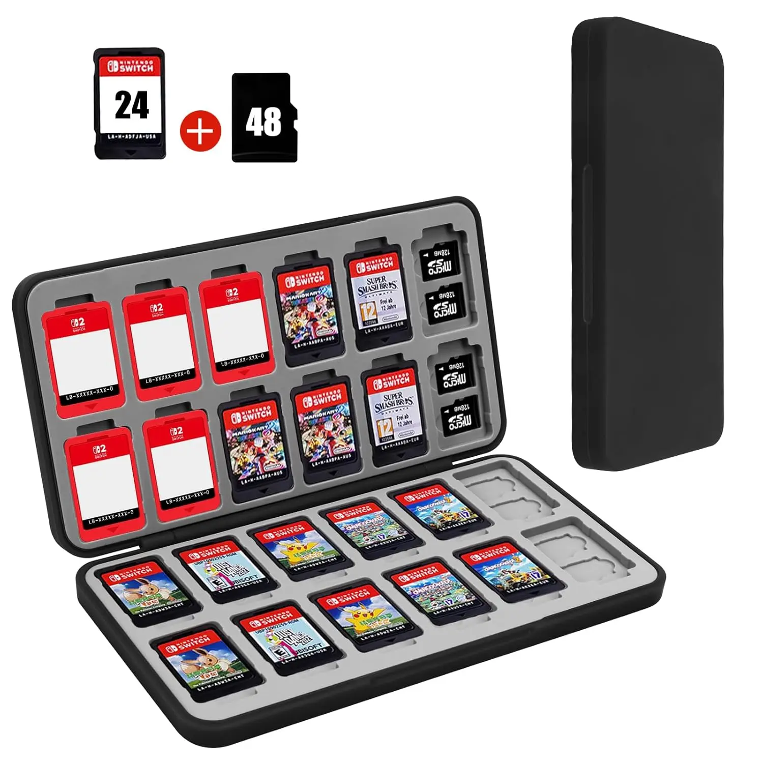 Nintendo Switch Game Card Case, 24-Slot Cartridge Holder with 48 Micro SD Card Slots, Hard Shell Storage Box with Soft Silicone Lining – Black