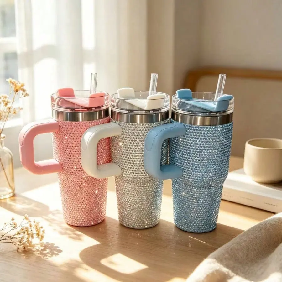 14 oz Bling Rhinestone Stainless Steel Insulated Tumbler with Lid and Straw - Sparkly Handheld Leakproof Reusable Coffee Cup for Moms, Women - Ideal for Car, Office, Black Friday, Mother’s Day, Valentine’s Day, Best Friends Gifts, Glam