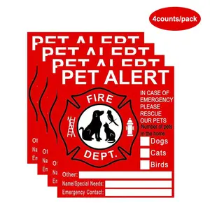 Pet Emergency Alert Sticker, Adhesive Stickers, 4 Counts/pack Fire Department Pet Emergency Alert Sticker, Pet Internal Label Sticker for Window, Door, House