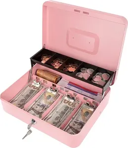 Cash Box with Money Tray and Key Lock, Money Box Safe Locking