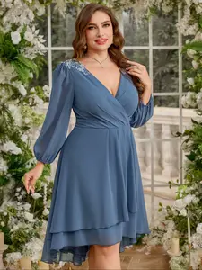 Plus Size Women's Elegant Feminine Deep V Neck Pleated Waist Formal Bridesmaid Dress, Short Sleeve Midi Fitted Plain Style, All Seasons Fashion