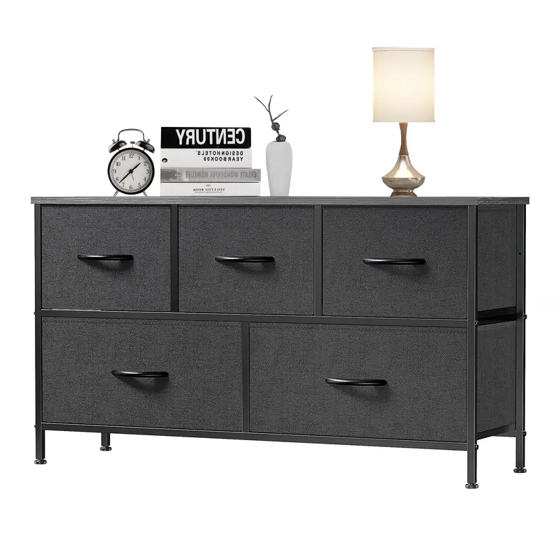 EDX 5 Drawer Dresser with Wide Chest of Drawers, Non-Woven Fabric, Steel Frame & Wood Top, Compact Design for Living Room, Bedroom, Hallway