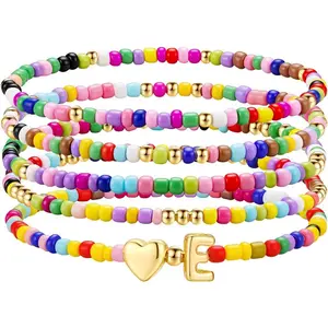 Graduation Gifts - 5 count Colorful Beaded Initial Bracelets for Girls , Cute Stretch Heart Letter Bracelet Initial Bracelet  for  Birthday Graduation Gifts for Girls