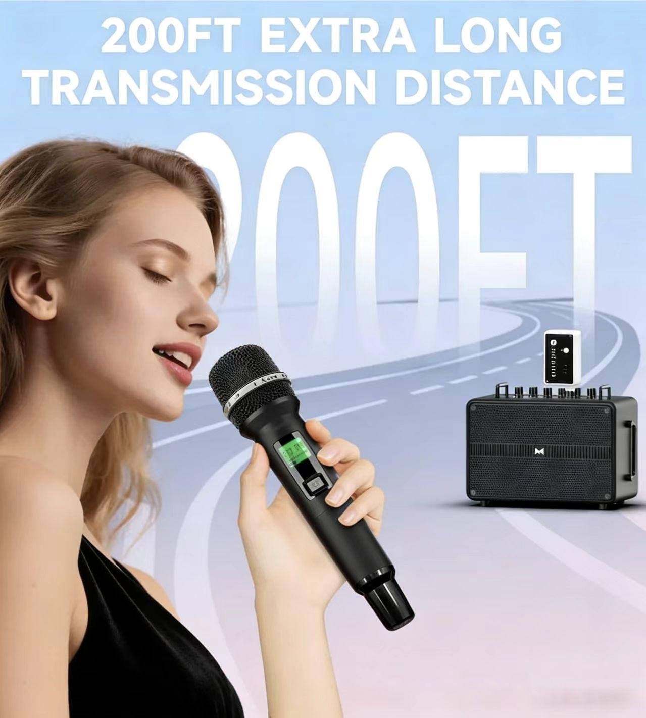 Kaschun Professional 2-Channel Wireless Microphone System, 328ft Long Range, Auto-Scan, 200 Adjustable Frequencies, Dual Handheld Mics for Karaoke, Church, DJ, Party, Singing