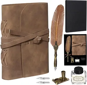 6pcs Feather Quill Pen and Ink Set Leather Bound Vintage Journal Antique Diary Men Women
