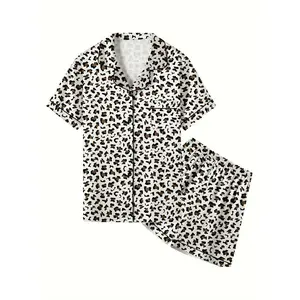 Women's Leopard Print Silk Satin Pajama Set, Casual Style, Button-Down Collar Loungewear
