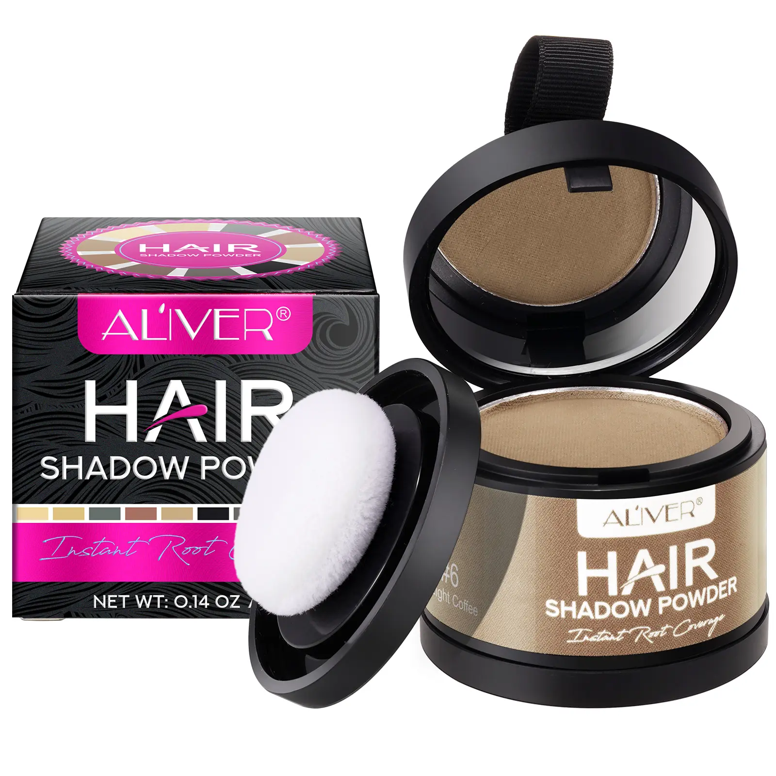 ALIVER Multi-functional Hairline Powder 4g/ light coffee color 1 box, comes with a mirror, can be used for hairline powder, eyebrow powder, highlighter powder, eyeshadow, etc. It does not fade for a long time, is waterproof and sweat-proof, and easy to us