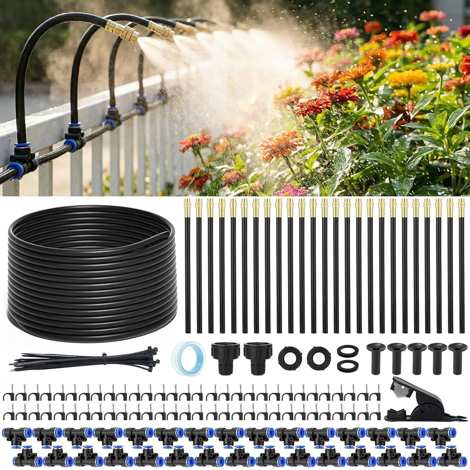100FT Automatic Drip Irrigation System, Upgrade Garden Sprinkler Kit with 25PCS 360° Adjustable Copper Nozzles, Misting Watering System for Raised Beds, Greenhouse, Lawn, Patio, Yard & Potted Plants