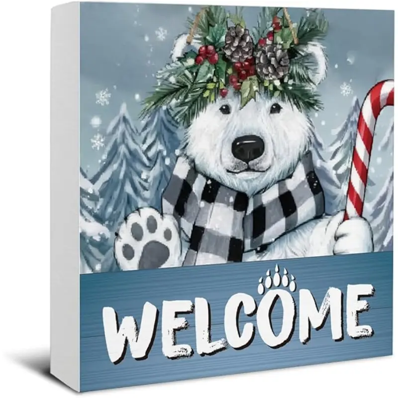 Welcome Winter Signs - Christmas Decorations for Home - Welcome Winter Christmas Polar Bear Wooden Sign Home Office Living Room Decor - 5×5 Inches