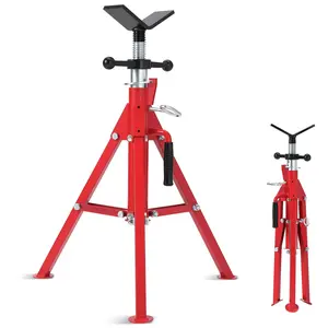 V-Head Heavy-Duty Pipe Jack Stand Adjustable Folding 28 to 52 Inches Adjustable Height 1/8"-12" Wide Pipe Capacity 2500 lbs Load Capacity Folding Legs for Welding Threading Hole Cutting