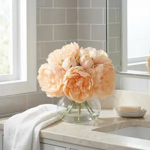 Artificial Peonies Flowers with Vase, Champagne Silk Peony Bouquet with Faux Water in Glass Vase, Lifelike Fake Peonies Floral Arrangement for Table Centerpiece, Wedding, Home Living Room Decor