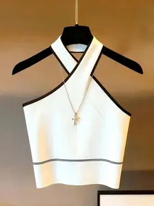 Women's New Fashion Simple Colorblock Cross Design Halter Neck Knitted Slim Fit Short Tank Top Camisole, Stylish Casual Aesthetic Summer Wear, Perfect for Daily