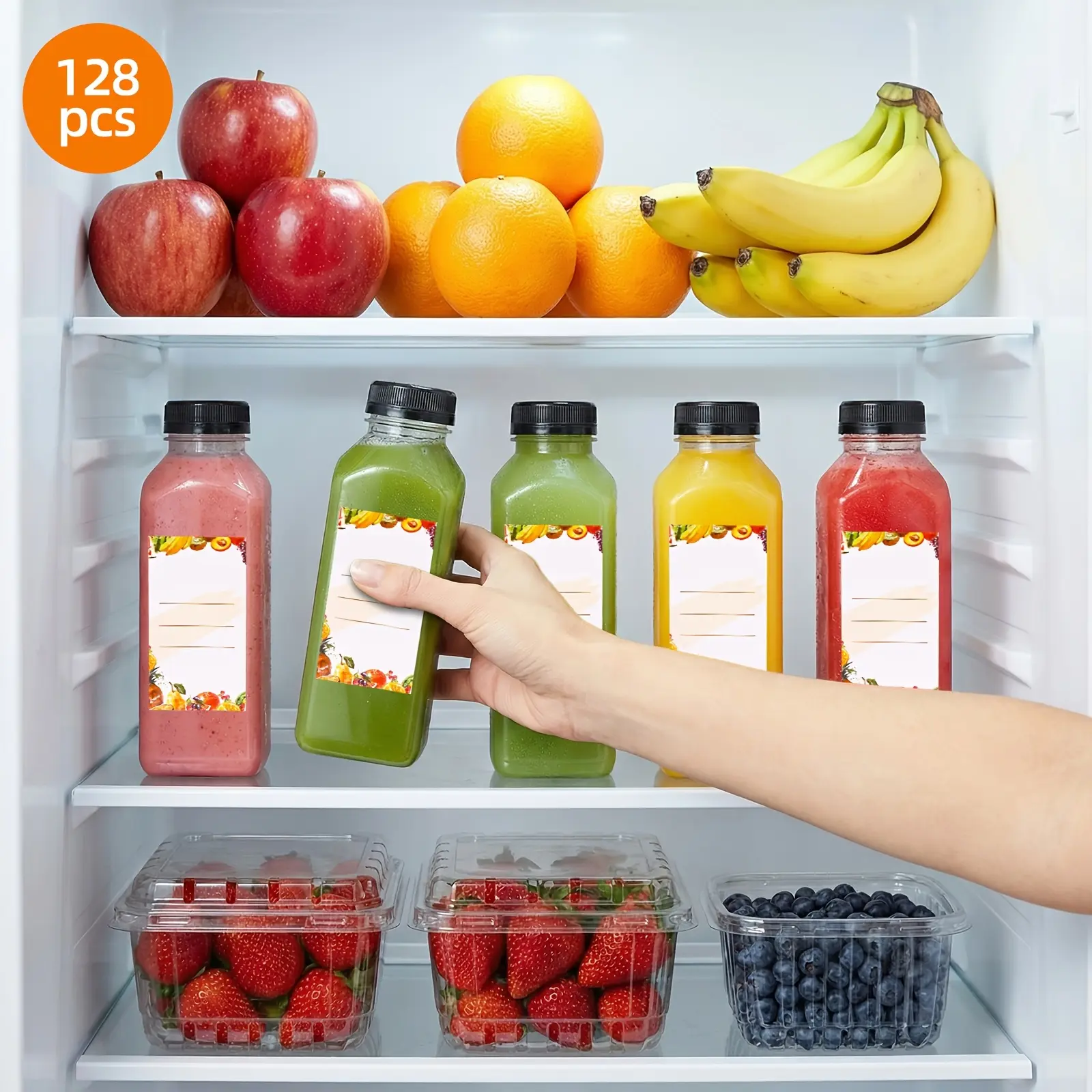 Plastic Beverage Storage Bottles (128/160 Pcs, 12/16 oz) with Stickers, Brushes, Random-Color Funnel - Food Storage Containers for Juicing, Tea - Home & Outdoor Summer Use