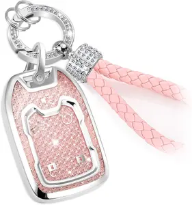 for GMC Key Fob Cover with Fashion Braided Keychain, Enchanting Diamond Patterns Soft Case for GMC Terrain Yukon XL Chevy (6 buttons) Key Fob Shell (Pink, A2)
