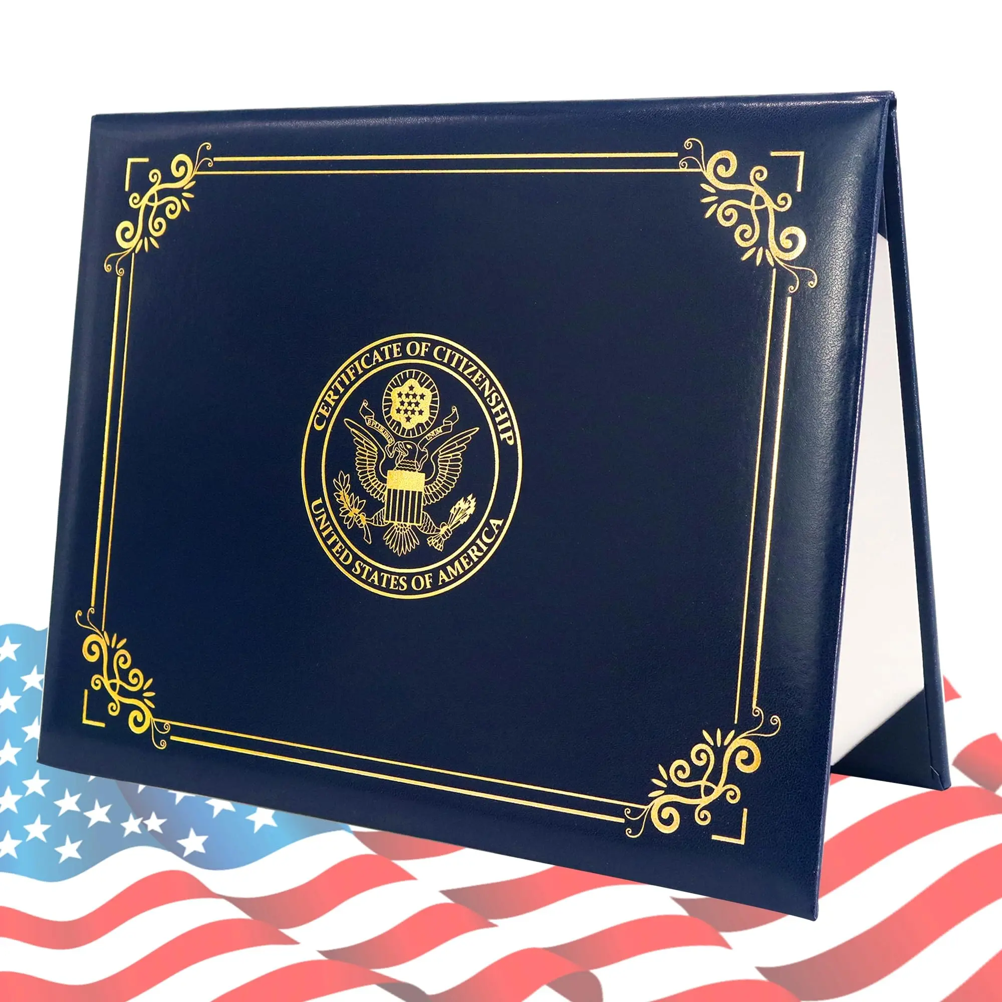 Formal US Citizenship Certificate Holder, Secure Faux Leather Padded Cover with Golden Great Seal of The United States, Accommodates 2018-2026 Naturalization Documents, Ideal Gift for New Citizens (Office Desk Organizer Accessory), Padded Inner