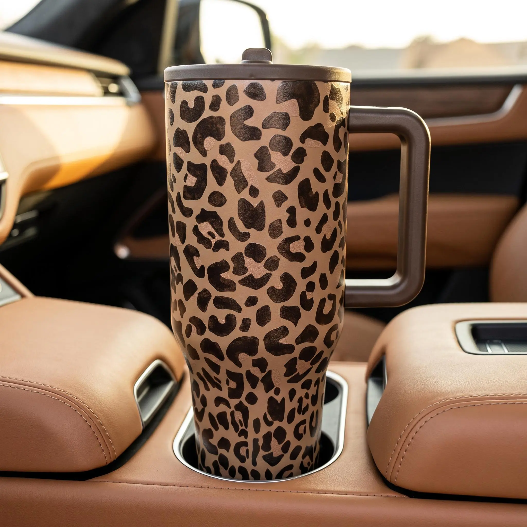 [SummerWins] 40oz 1200ml Vacuum Insulated Tumbler with Handle, Food Grade 304 Stainless Steel Leakproof Cold Water Mug for Car Gym Camping, Leopard Print