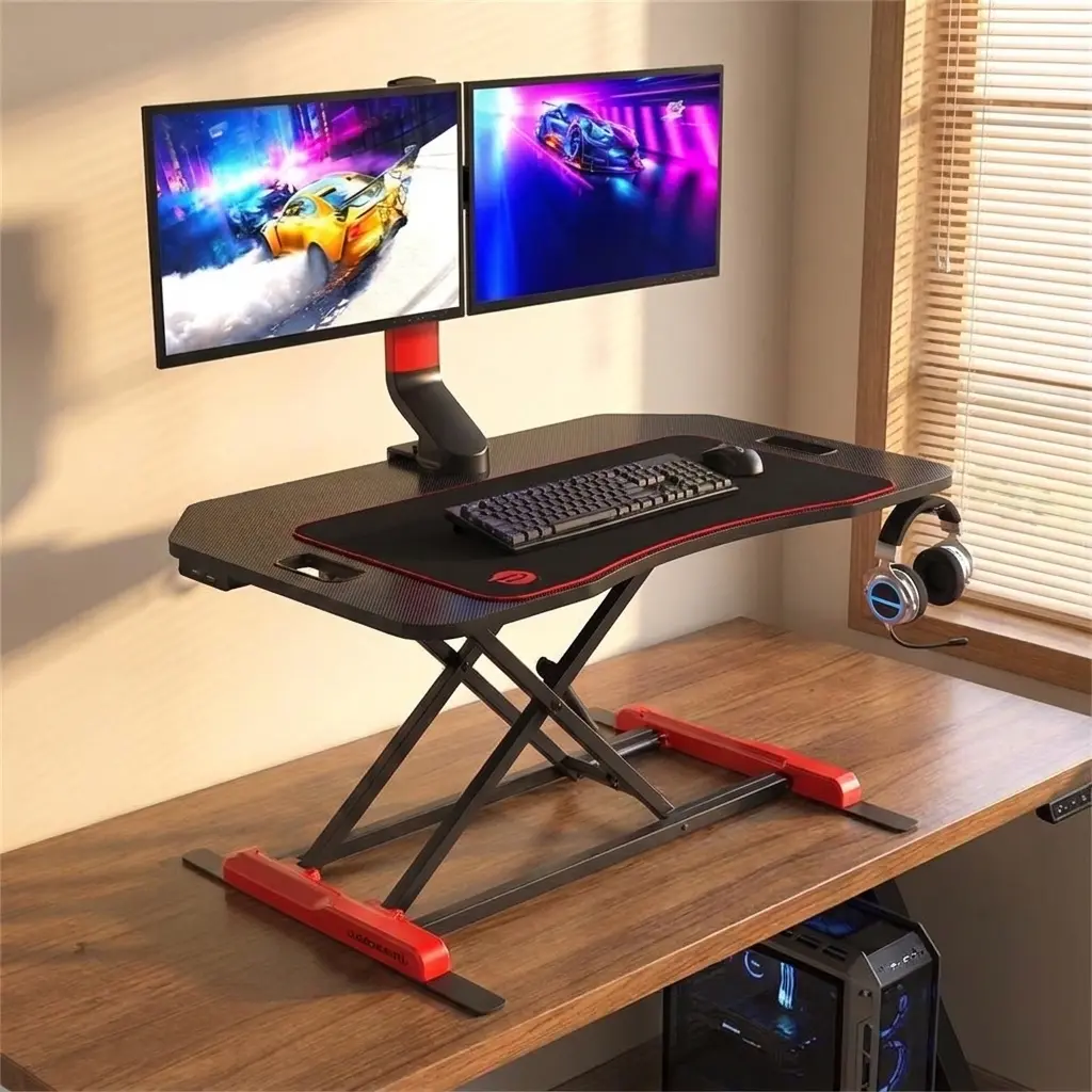 GTPLAYER Height Adjustable Gaming Desk Riser with Dual Monitor Mount, Gas Sit‑Stand Computer Stand, Carbon Fiber Surface, USB 3.0 Port, Headphone Hook, Ergonomic Home Office Workstation for Gaming & Working