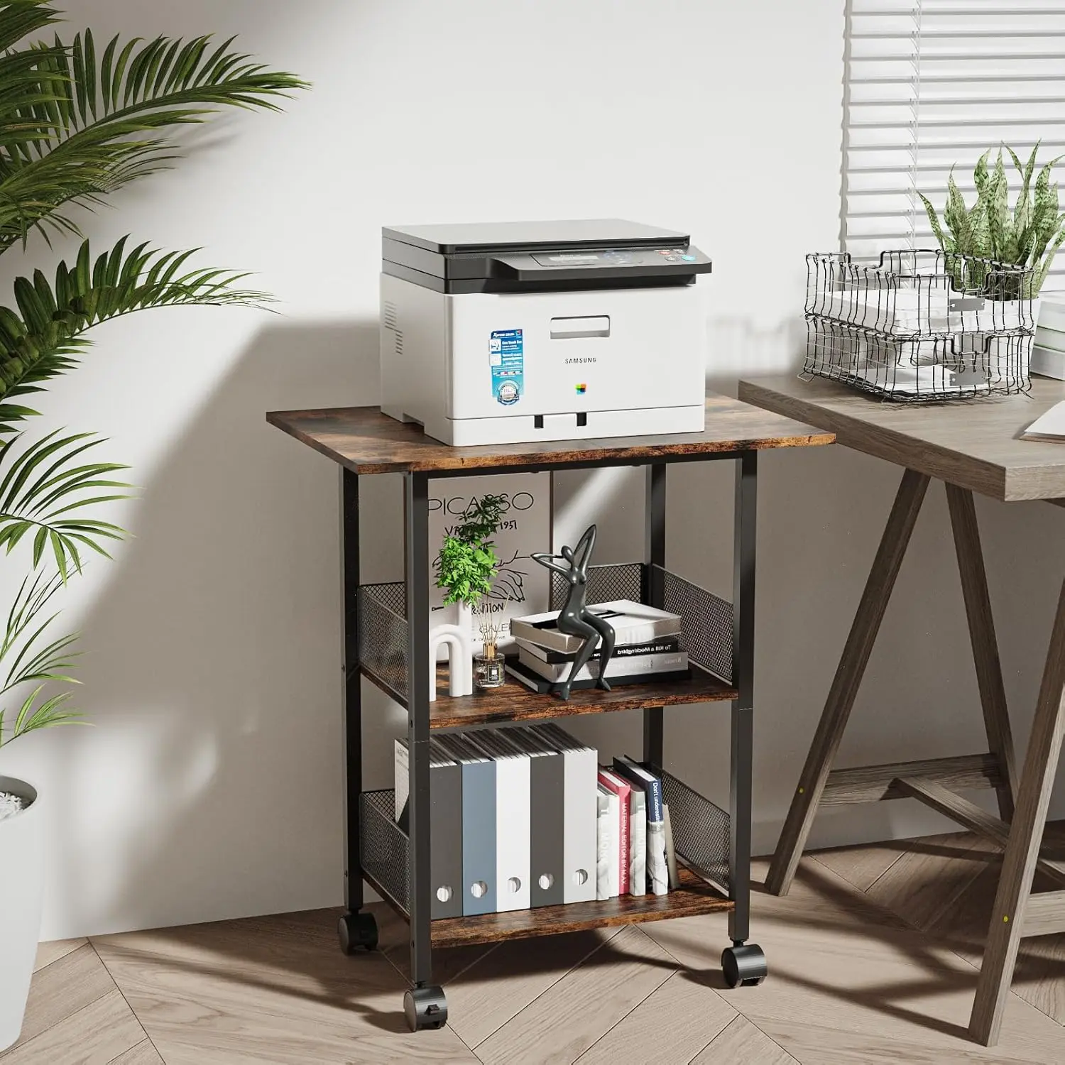 VyGrow 3-Tier Industrial Metal & Wood Printer Stand with 2-Lock Wheel Set (Rolls or Locks), Stable Tabletop, Guardrail Safety, Rustic Brown Home Office Desk, 23.6"l×15.7"w×27.3"h Heavy-Duty Storage Rack, 88lbs/Shelf Waterproof Surface, Book Holder