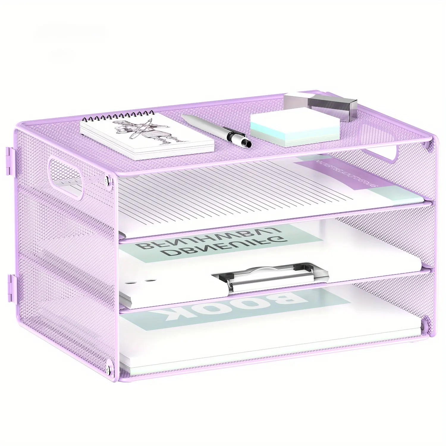 3-Tier Paper Storage Box with Handle, Mesh Metal Desktop Organizer Letter Tray, Paper Tray Storage Bin for Home & Office File Organization
