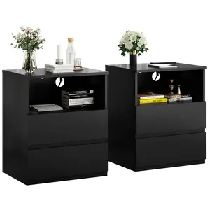(Set of 2)End Table with Fast USB C Charging Station, Sofa Side Table with 2 Drawers, Large Storage Modern Wood Storage Cabinet for Living Room,Bedroom,Office, Black