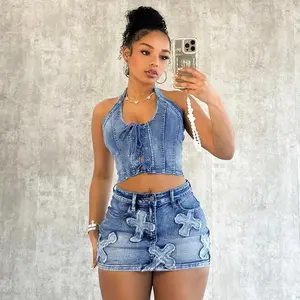 Denim Skirt Set Popular Girl Denim Skirt 2 Piece Fashion Printed Set Half Skirt Set Womenswear Overalls Comfort Suits Clothes Sleeveless