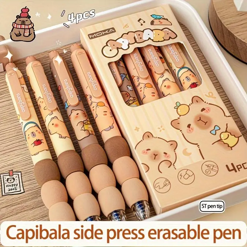 Cute Capybara Design Erasable Gel Ink Pen, 4 Counts 0.5mm Extra Fine Point Retractable Quick-Drying Smooth Writing Pen Lightweight Rollerball Pen Set with Built-In Eraser Writing Tools