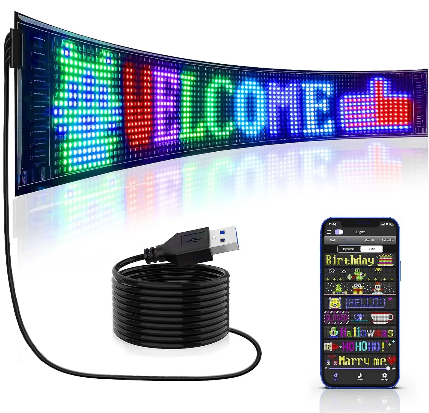 Programmable Flexible LED Display Sign - 5V USB-Powered App-Controlled Text Scroll Message Board with Custom Patterns, Animations, 3 Sizes for Car Accessories, Stores, Hotels