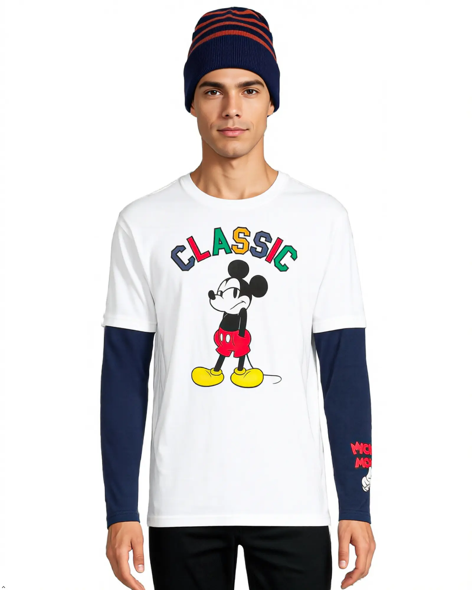 Disney Mickey Mouse Men's Grumpy Classic Faux Long Sleeve T-Shirt with Coordinating Striped Beanie Gift Set