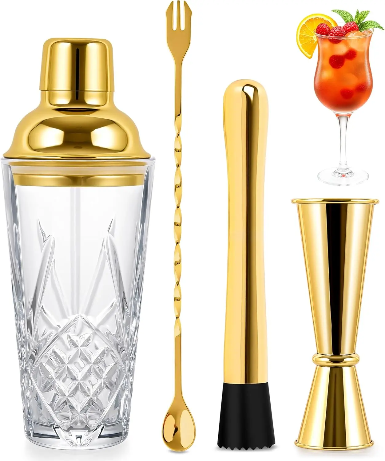 20oz Thick Pineapple-Shaped Glass Cocktail Shaker Set with Built-in Strainer, Includes Gold Measuring Cup, Scoop and Muzzle, Suitable for Home Bars/Cart Decorations/Margaritas/Martinis