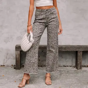 Women’s brown leopard-print wide-leg raw linen high-waisted jeans; high-top leopard-print straight-leg non-stretch denim underwear GARMENTARY