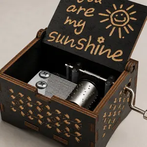 Hand Crank Wooden Music Box, You Are My Sunshine Vintage Music Box Gift, Small Desk Decor Keepsake for Birthday Anniversary