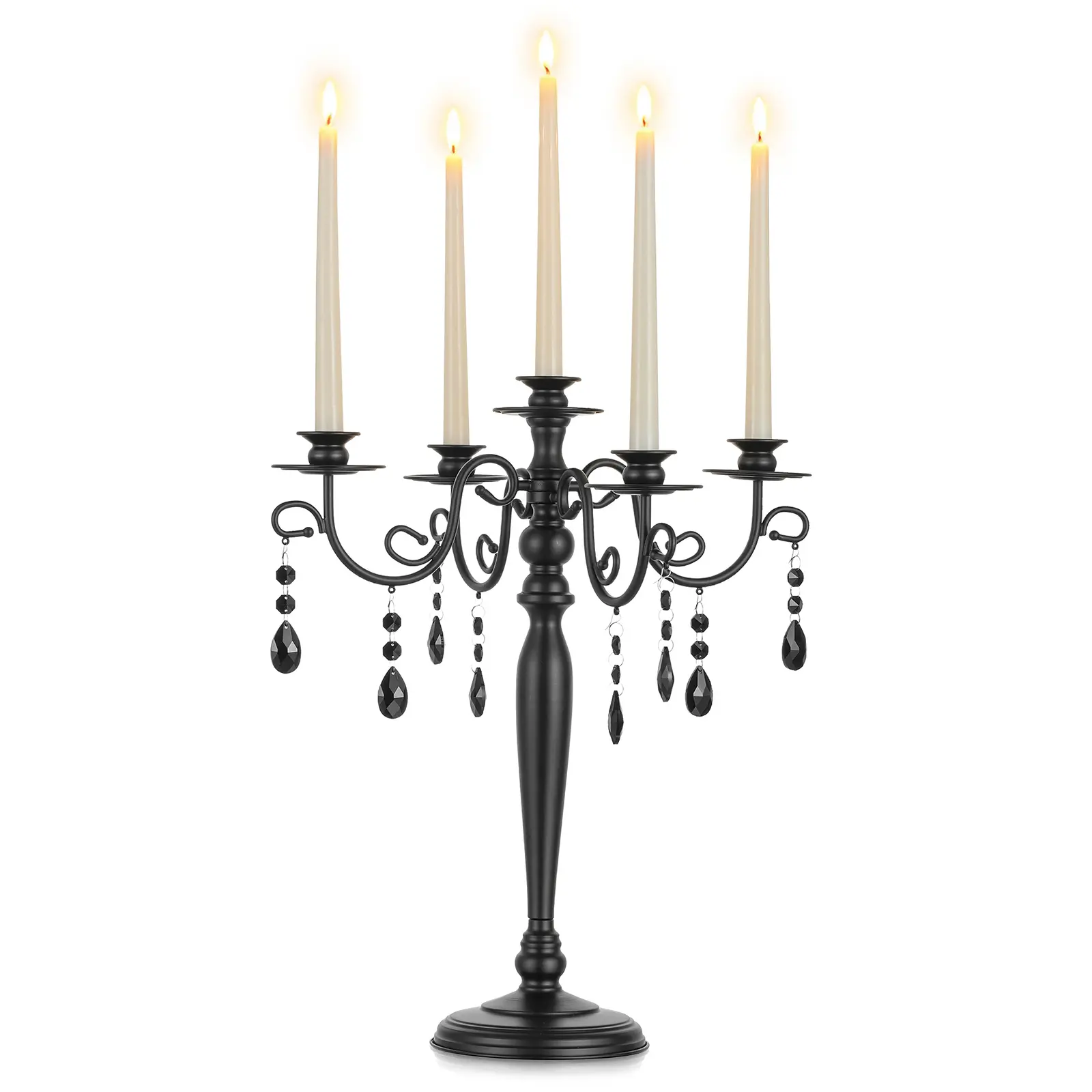 5-Arm Candelabra Candle Holder, Iron Taper Candlestick with Crystal Pendant Chains, Vintage Wedding Table Centerpiece for Dining Table, Fireplace and Home Decor