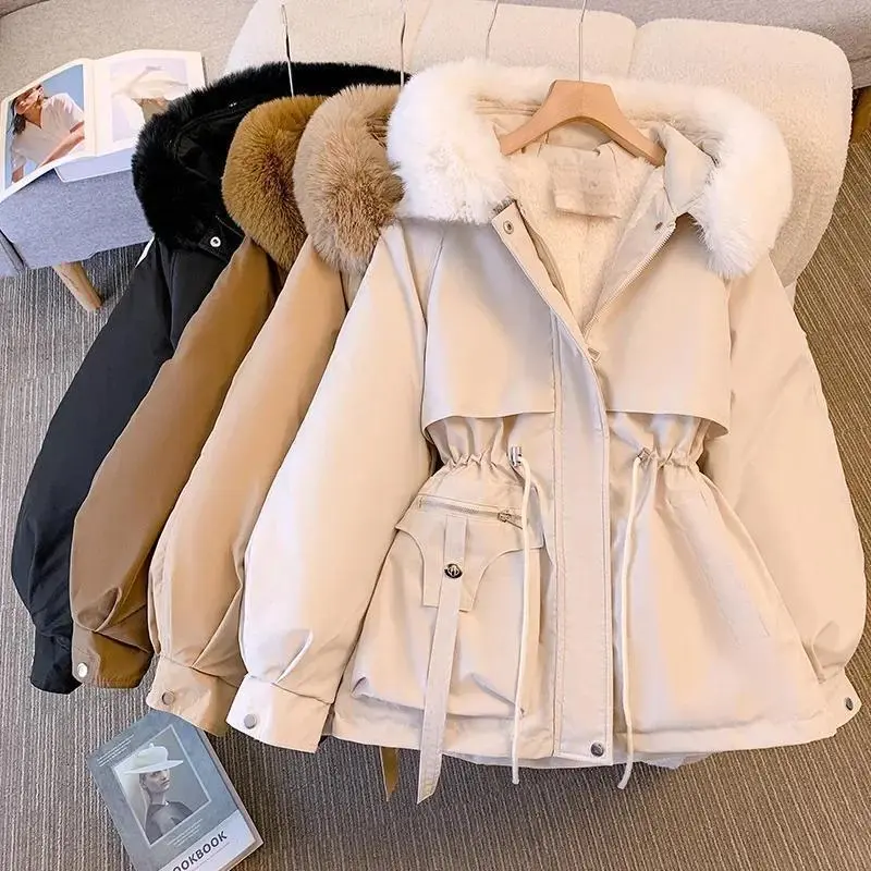 Women's Quilted Puffer Parka - Korean Style Long Sleeve Hooded Winter Women's Clothes with Fleece Lining, Drawstring, Asian Sizes - Warm Sports & Outdoor Outerwear, Coats, Lady, Tops, Jackets, Longsleeves, Anorak, Long Coat, Korean Look, Hooded Neck, Flee