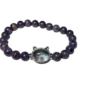 Natural Fluorite Tiffany Stone Crystal Bead Bracelet 8mm with Fluorite Kitty Pendant stretch bracelet