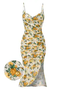 RETRO STAGE Women's 1930s Antique-Inspired Polyester Single-Piece Long Old-Fashioned Casual Dress - Sleeveless Spaghetti Strap, Cowl Neck Low Cut, Ruched Straps, Below Knee Fishtail Silhouette, Yellow Rose Print, Side Slit, Back Zipper, Antique-Inspired C