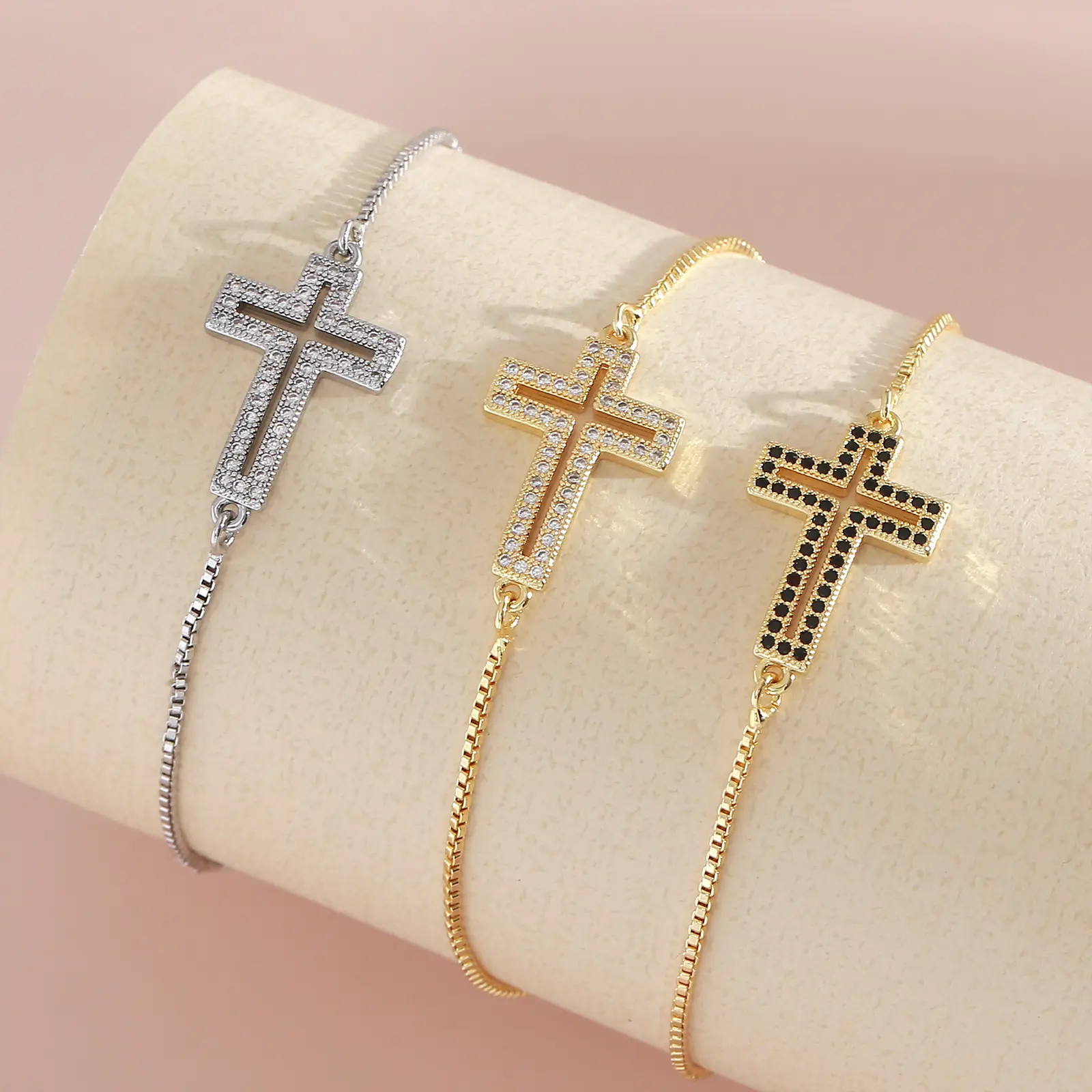 Faith Family Cross Bracelet 14k Gold plated Luxury AAAAA Cubic Zirconia Adjustable Bracelets Accessories Romantic Religious Gift for women Waterproof Bangles for Party Engagement Jewelry